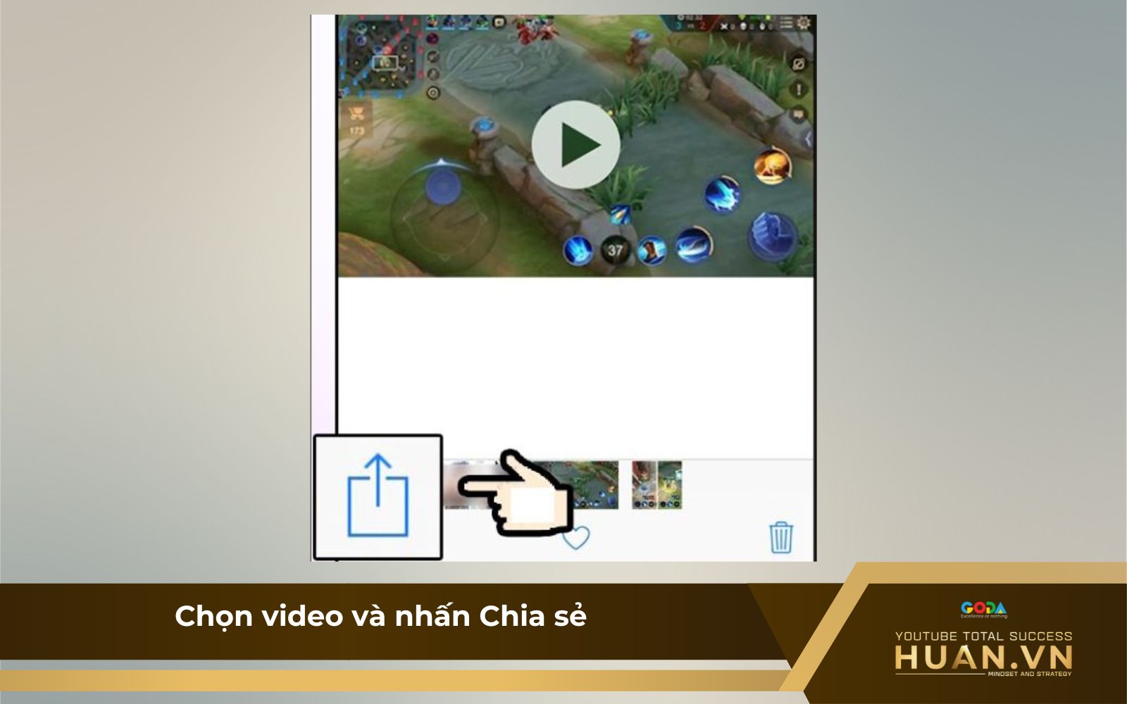 Bước 1 của cách đăng video lên YouTube bằng điện thoại: Chọn video và nhấn Chia sẻ