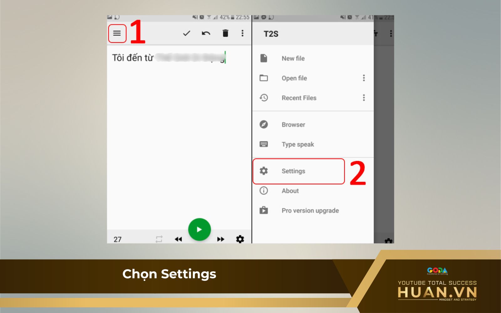 B1 của cách đọc văn bản bất kỳ trên Text to Voice; Chọn mục Settings