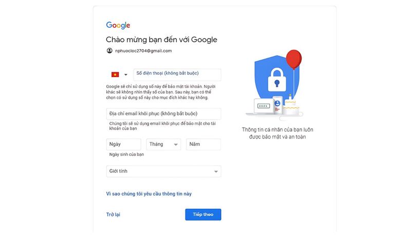 Hoàn tất đăng ký gmail cho kênh youtube