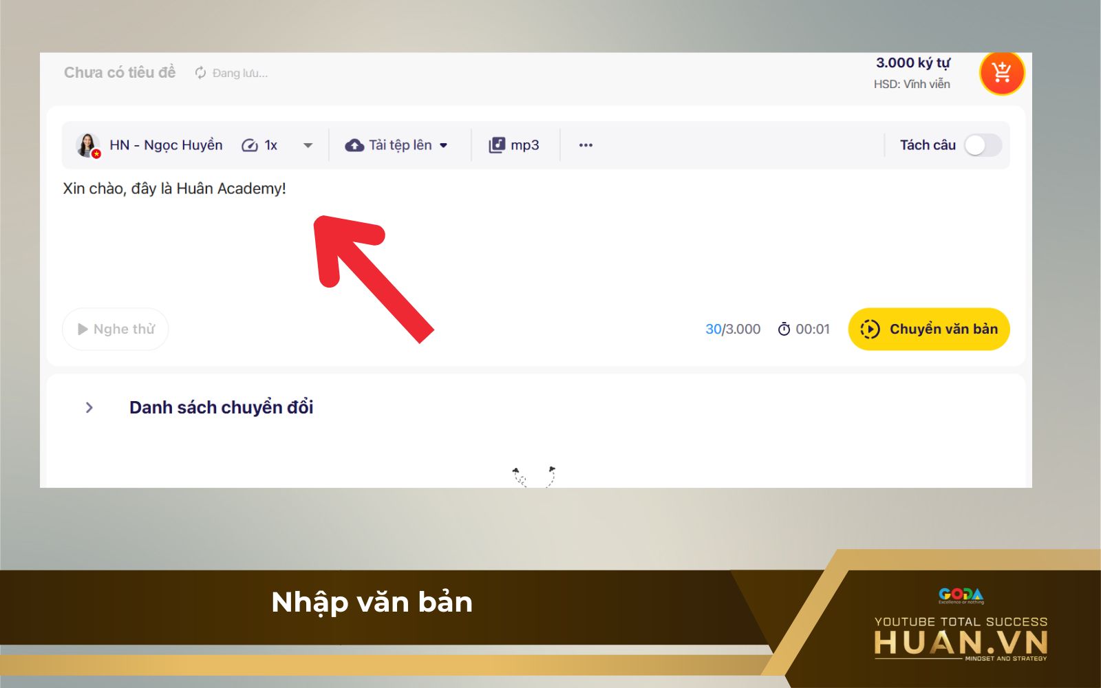 Bước 3 khi chuyển text sang giọng nói trên Vbee: Nhập văn bản muốn chuyển
