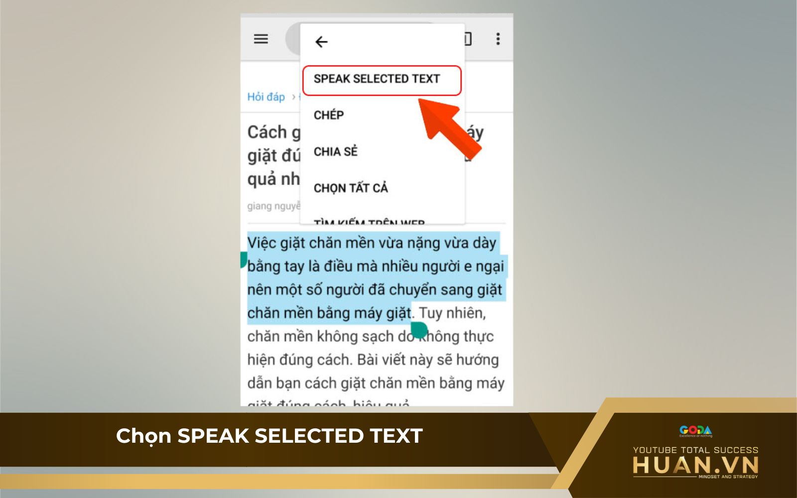 Bước 3 khi chọn đọc văn bản bất kỳ trên Text to Voice: Chọn SPEAK SELECTED TEXT