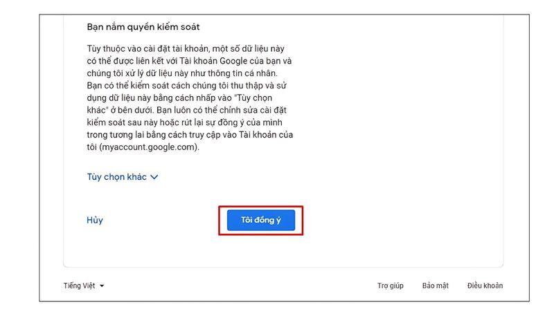 Đồng ý với điều khoản của Google
