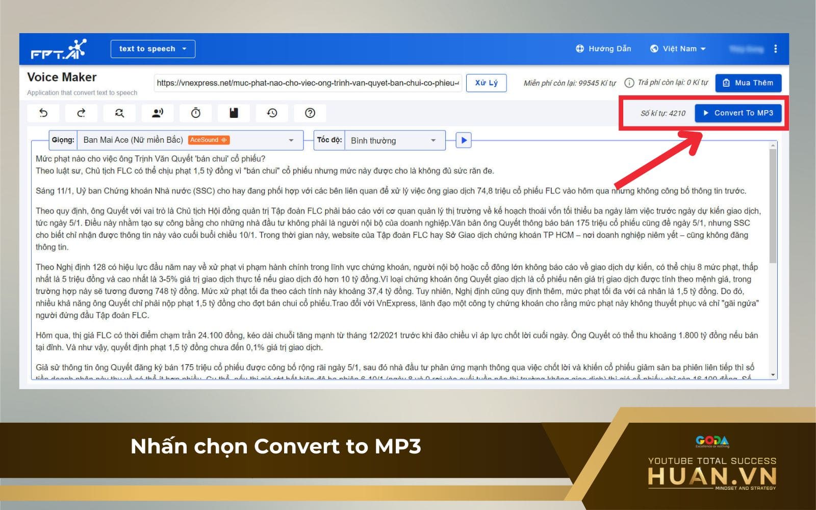 Bước 7 trên FPT.AI: Nhấn chọn Convert to MP3