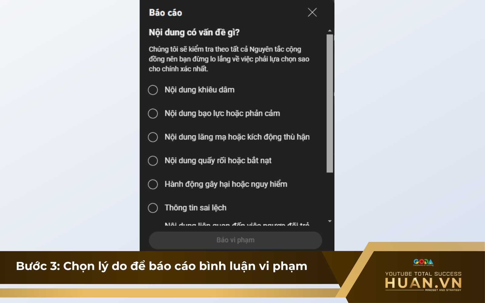bao-cao-binh-luan-vi-pham-youtube-b3-chon-ly-do Bước 3 của cách báo cáo vi phạm bình luận trên YouTube: Chọn lý do để báo cáo vi phạm bình luận trên YouTube