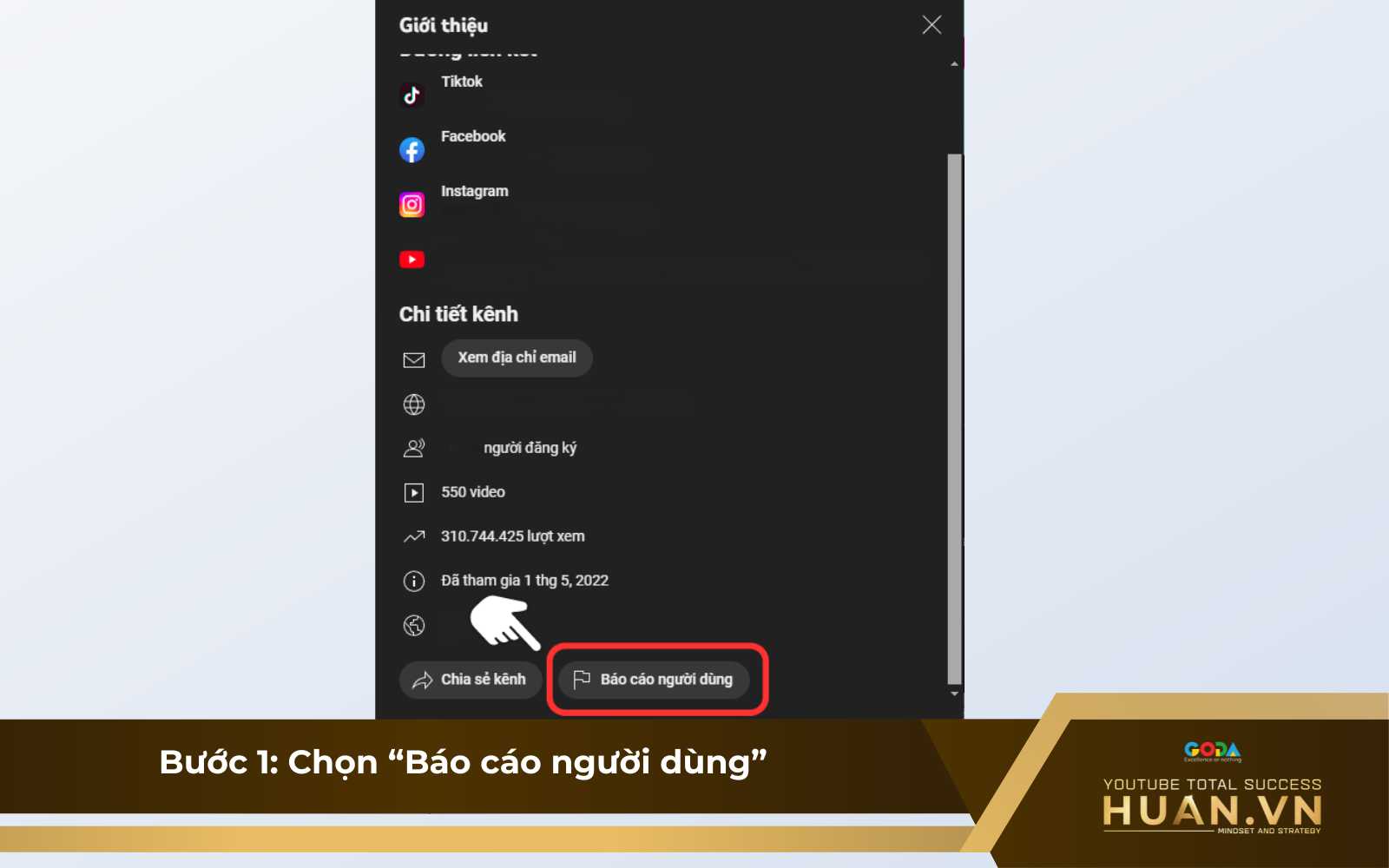 bao-cao-toan-bo-kenh-youtube-b1-chon-bao-cao-nguoi-dung Cách report kênh YouTube toàn bộ - B1: Nhấn vào mục “Giới thiệu” kênh và chọn “Báo cáo người dùng”
