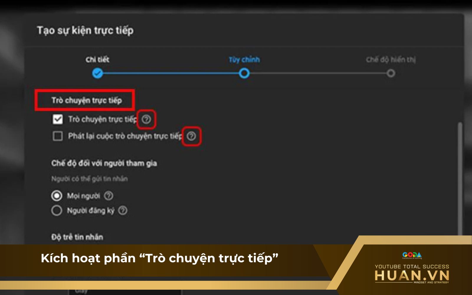 bat-binh-luan-youtube-khi-livestream-b1-kich-hoat-tro-chuyen-truc-tiep Bước 1 của cách bật tính năng bình luận trên YouTube khi livestream: Kích hoạt phần “Trò chuyện trực tiếp” trên YouTube