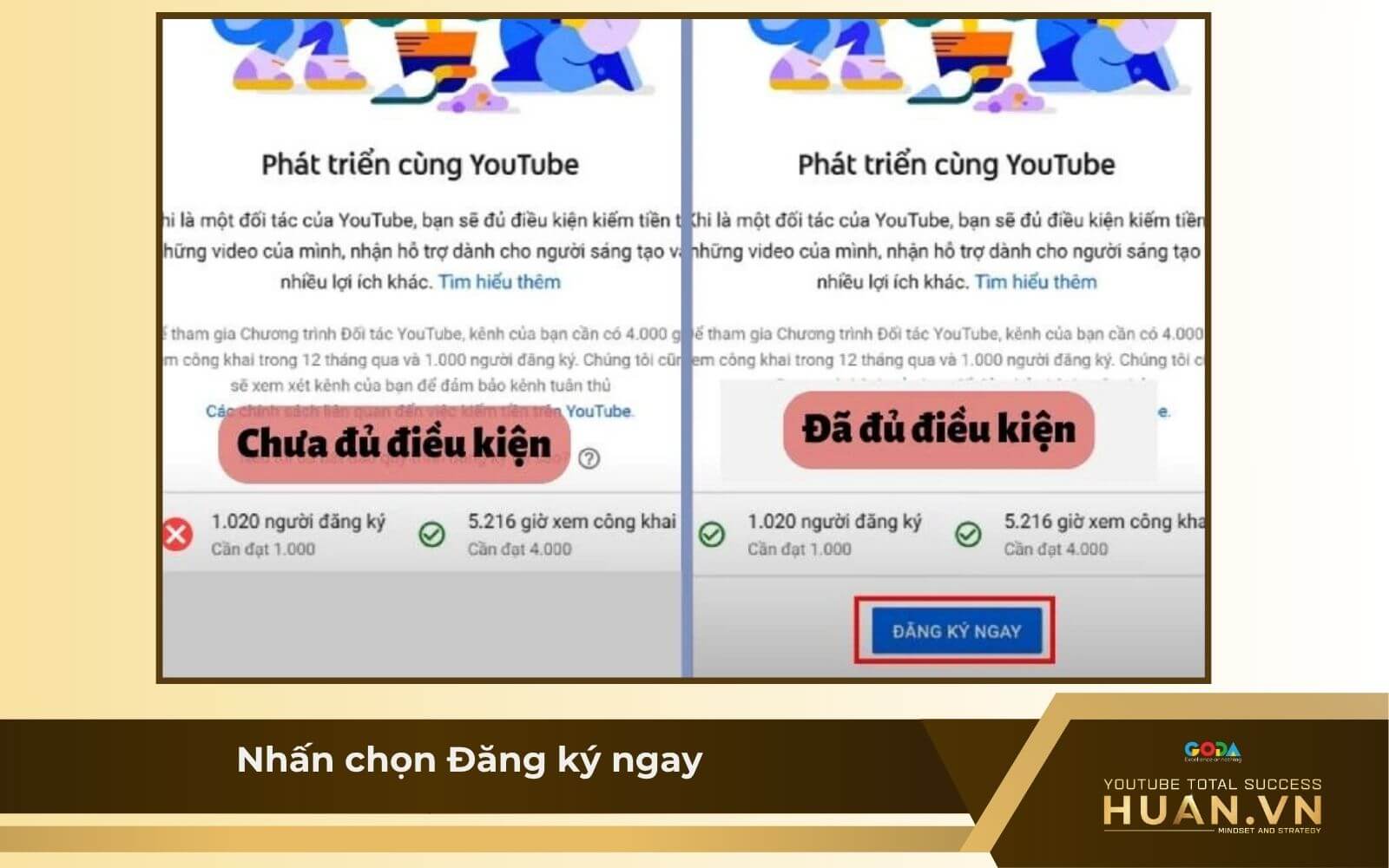 Bật kiếm tiền YouTube bằng điện thoại - B2: Nhấn chọn Đăng ký ngay