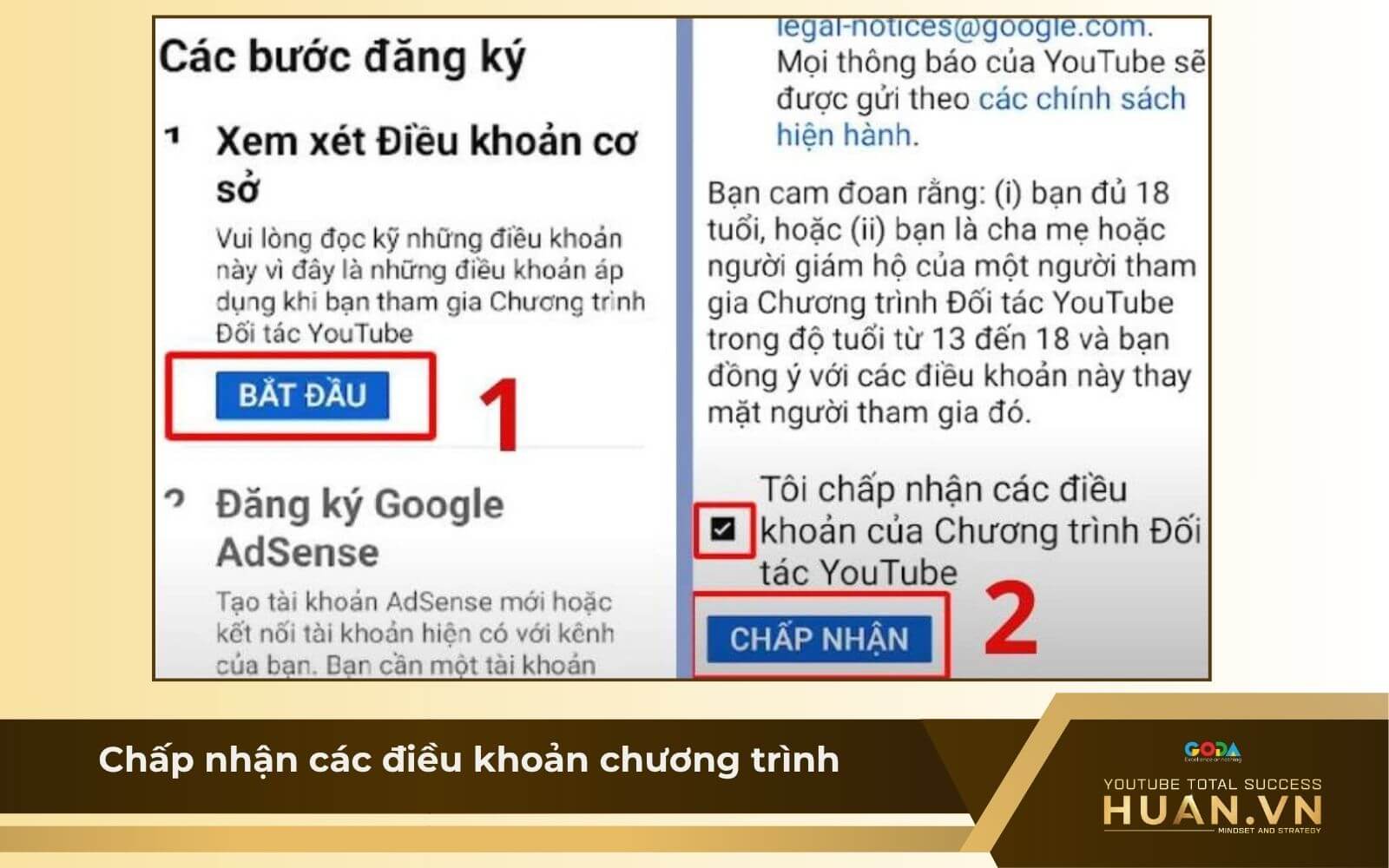 Bật chế độ kiếm tiền YouTube - B3: Chấp nhận các điều khoản chương trình