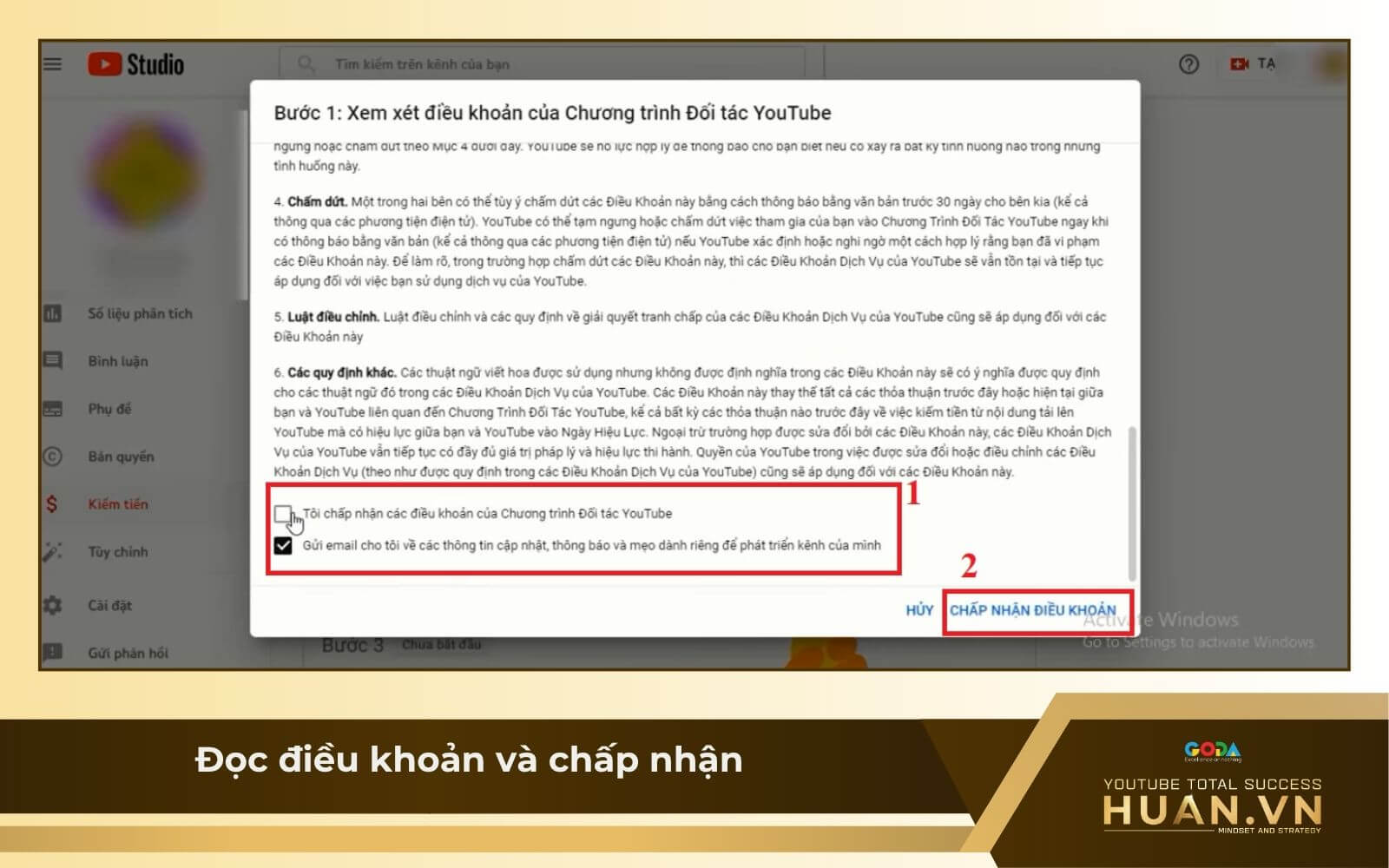 Cách bật kiếm tiền trên YouTube khi đủ điều kiện trên máy tính - B5: Đọc điều khoản và chấp nhận
