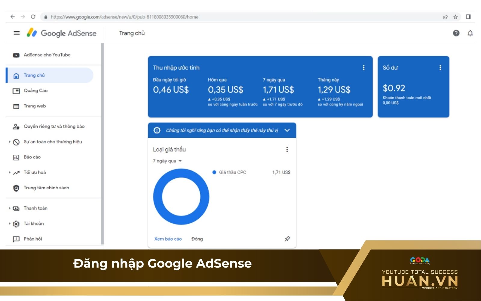 Bước 1 của cách rút tiền YouTube Cash: Đăng nhập vào Google AdSense