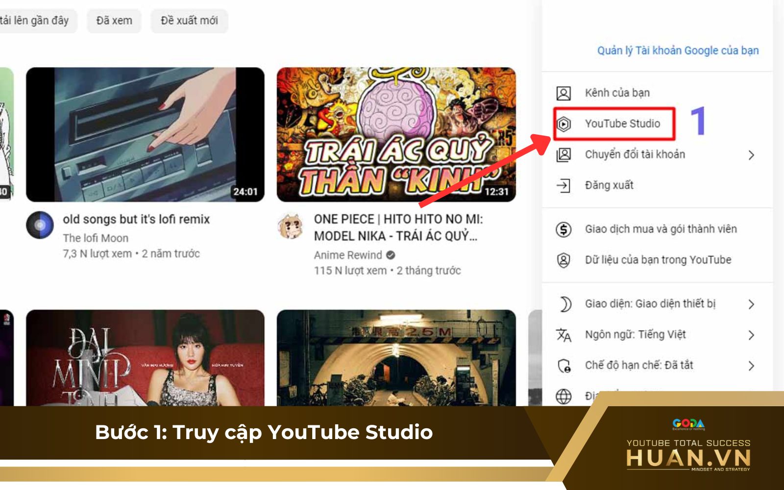 Bước 1: Đăng nhập vào phần quản lý nội dung trong YouTube Studio