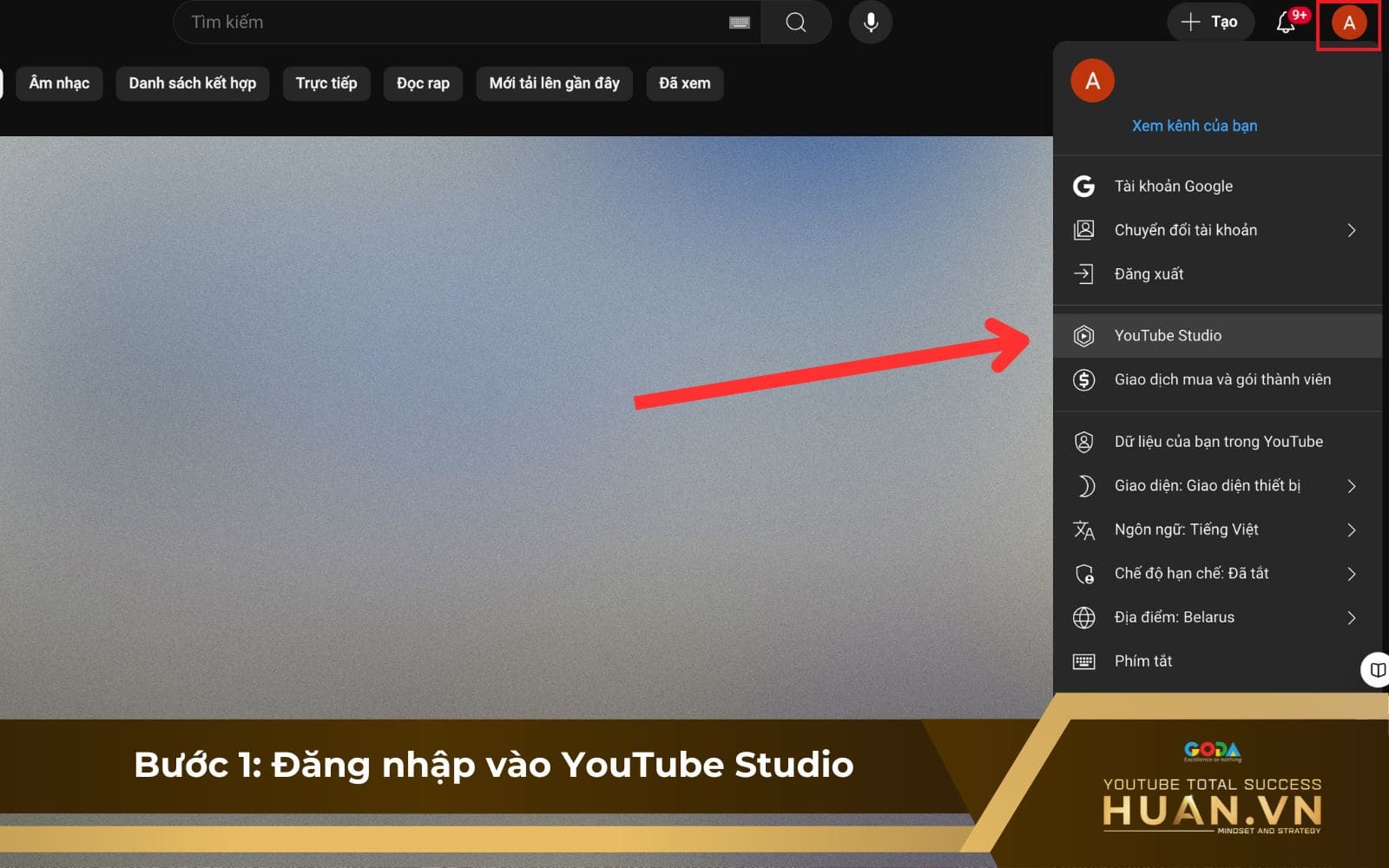 Hướng dẫn đăng nhập vào tài khoản YouTube Studio 