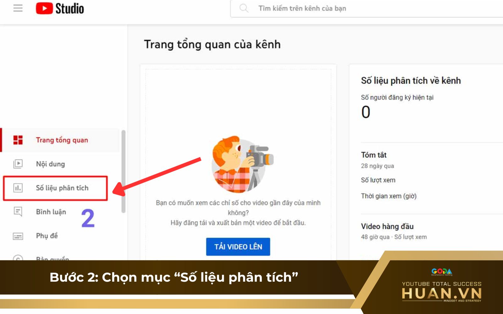 Bước 2 của cách sử dụng YouTube Analytics: Chọn mục “Số liệu phân tích” từ trình đơn bên trái