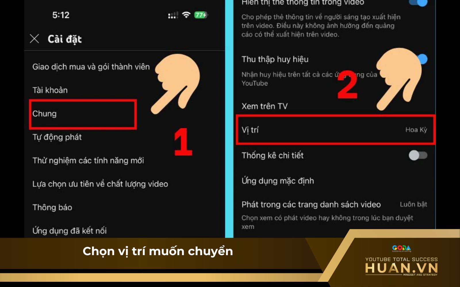 Bước 2 của cách thay đổi quốc gia trên YouTube trên điện thoại: Chọn vùng, quốc gia mà bạn muốn chuyển kênh YouTube