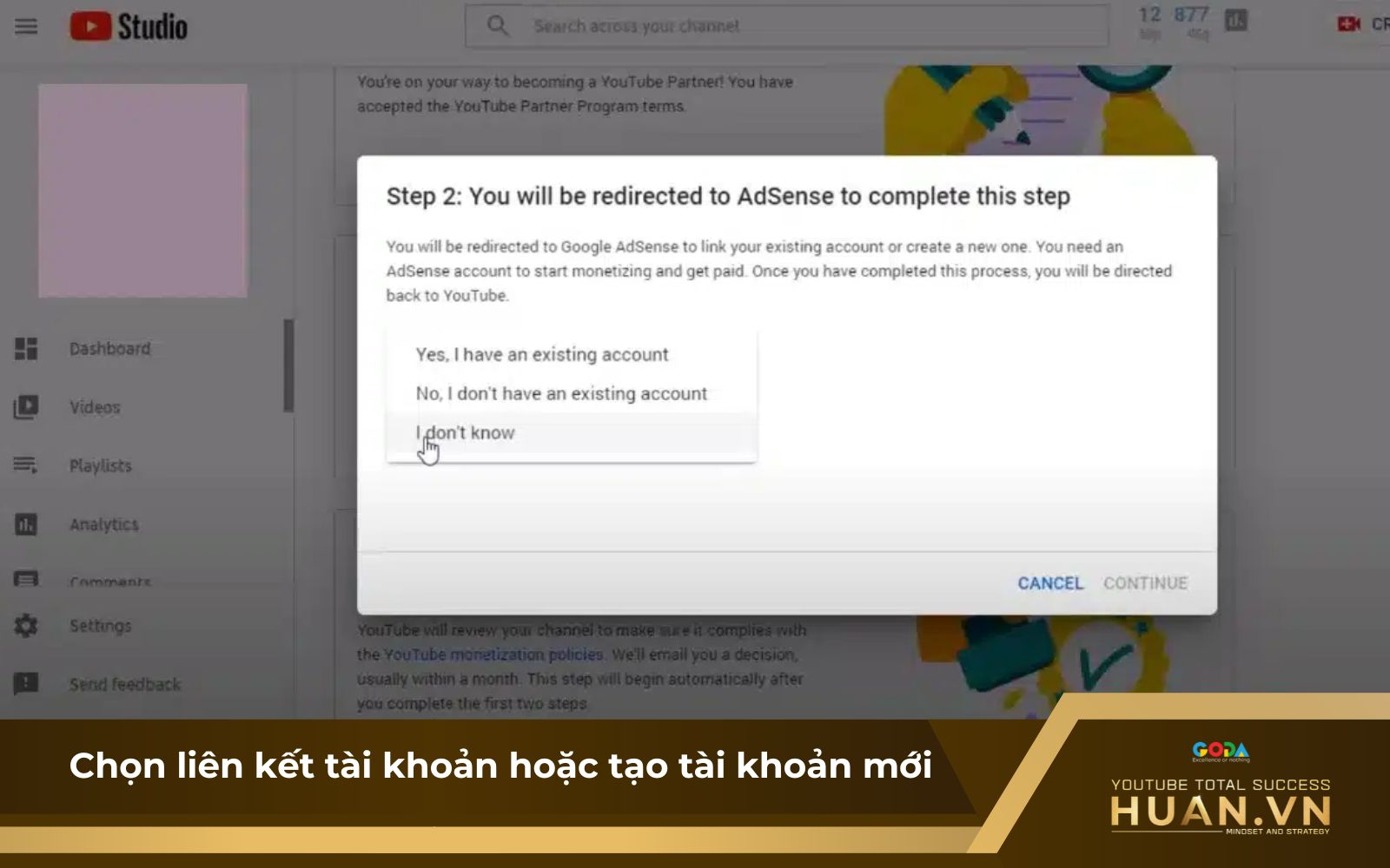 Tùy chọn tạo tài khoản AdSense mới hoặc liên kết tài khoản đã có