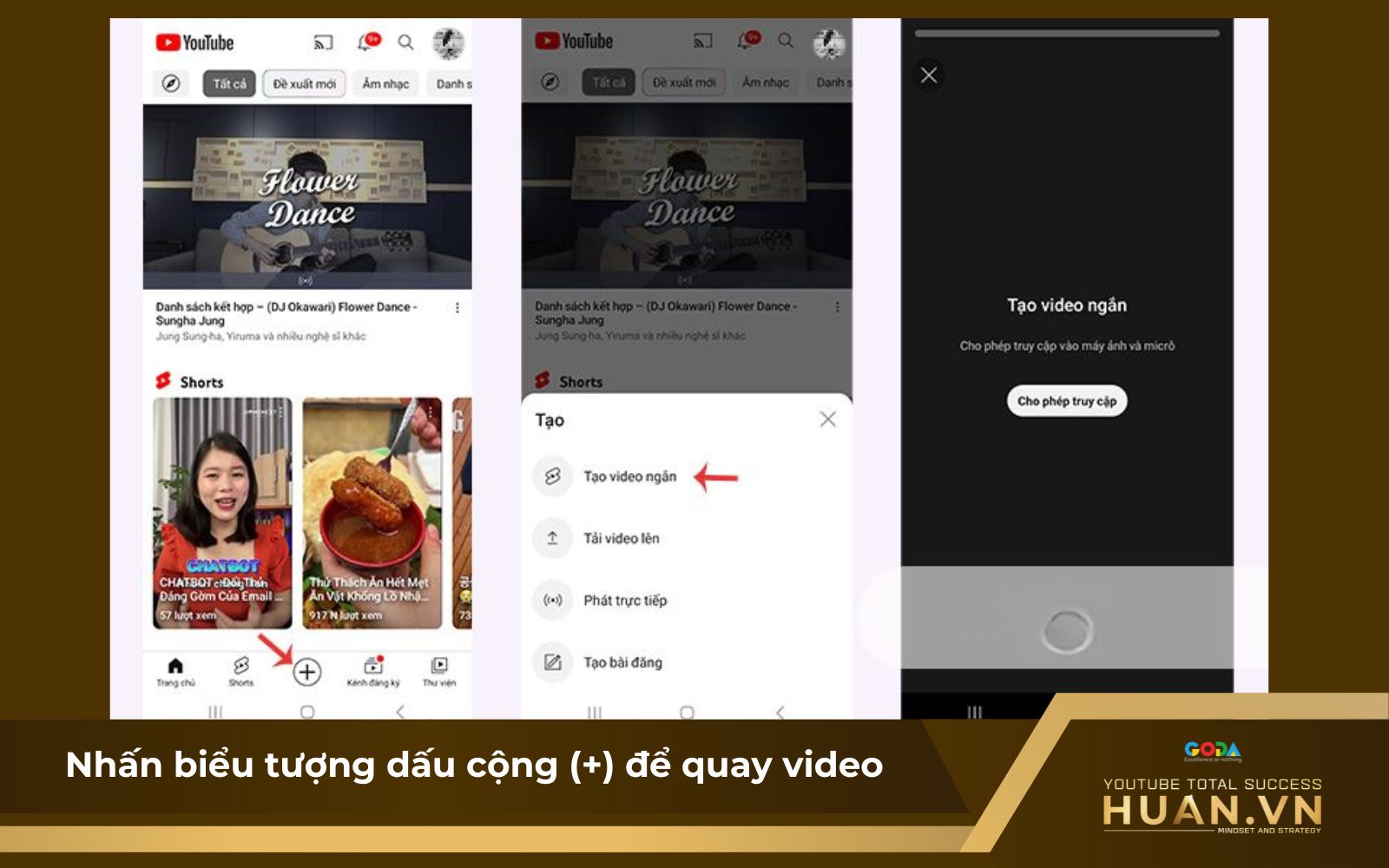 Nhấn biểu tượng dấu cộng (+)  để bắt đầu quay video YouTube Shorts