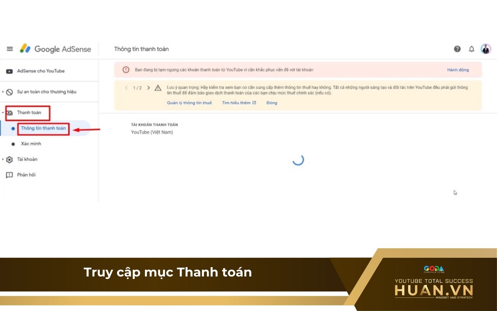 Bước 2: Truy cập mục thanh toán để thực hiện rút tiền YouTube Cash