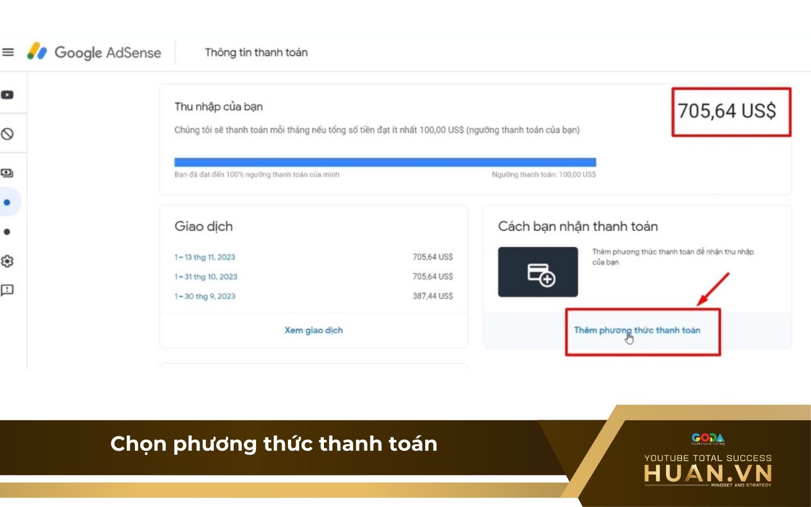 Bước 3: Lựa chọn cách rút tiền YouTube Cash từ Google AdSense