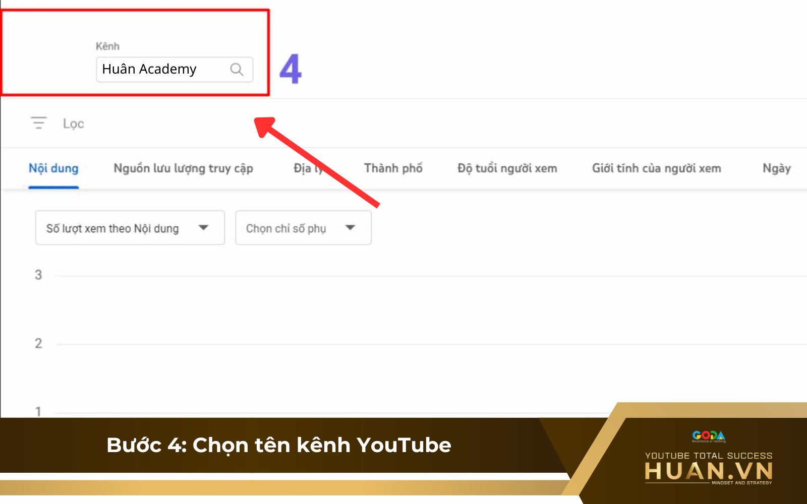 Bước 4 của cách sử dụng YouTube Analytics: Nhấn chọn tên kênh YouTube trong thanh tìm kiếm bên trái