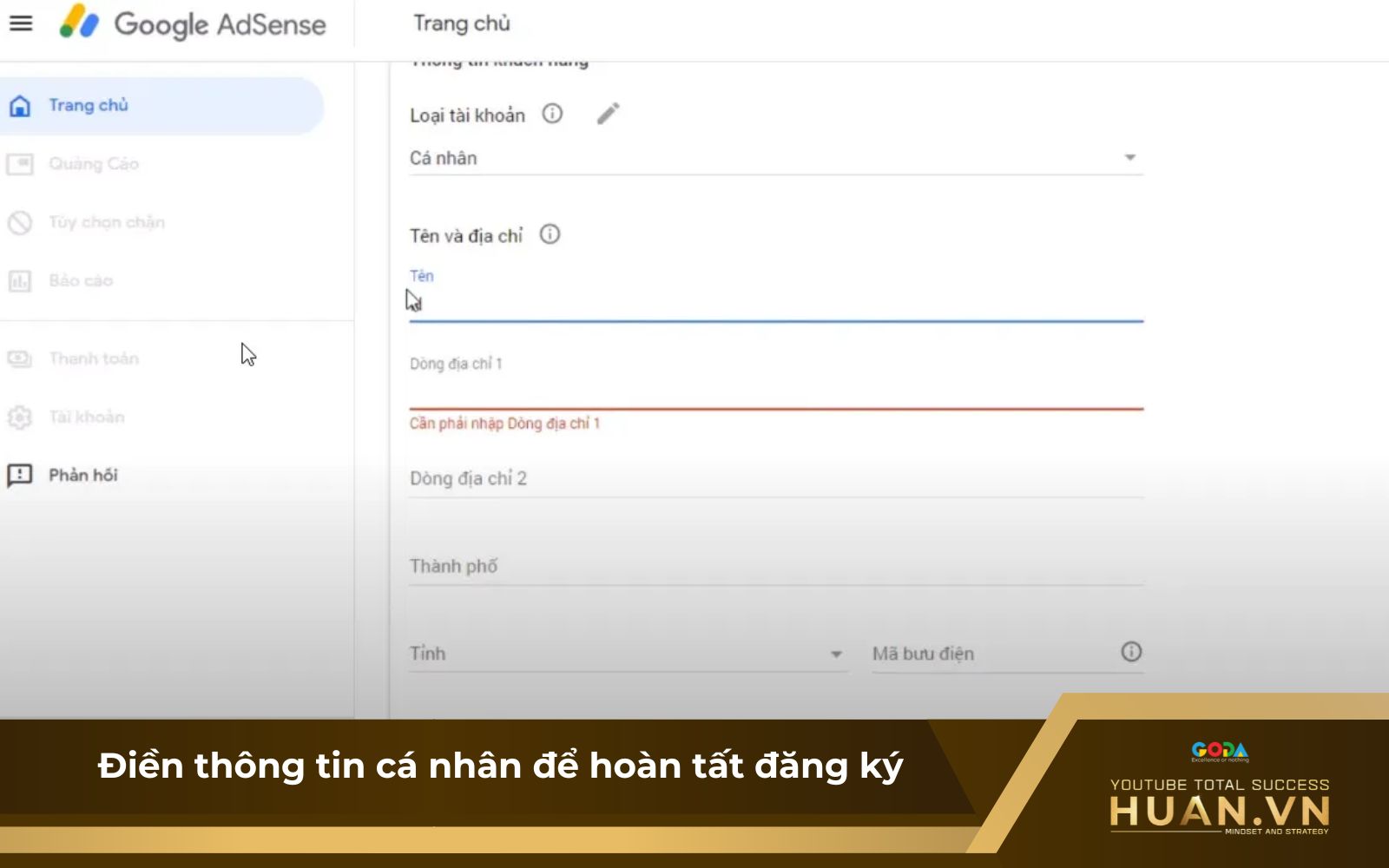 Nhập thông tin cá nhân, hình thức thanh toán để hoàn tất đăng ký tài khoản