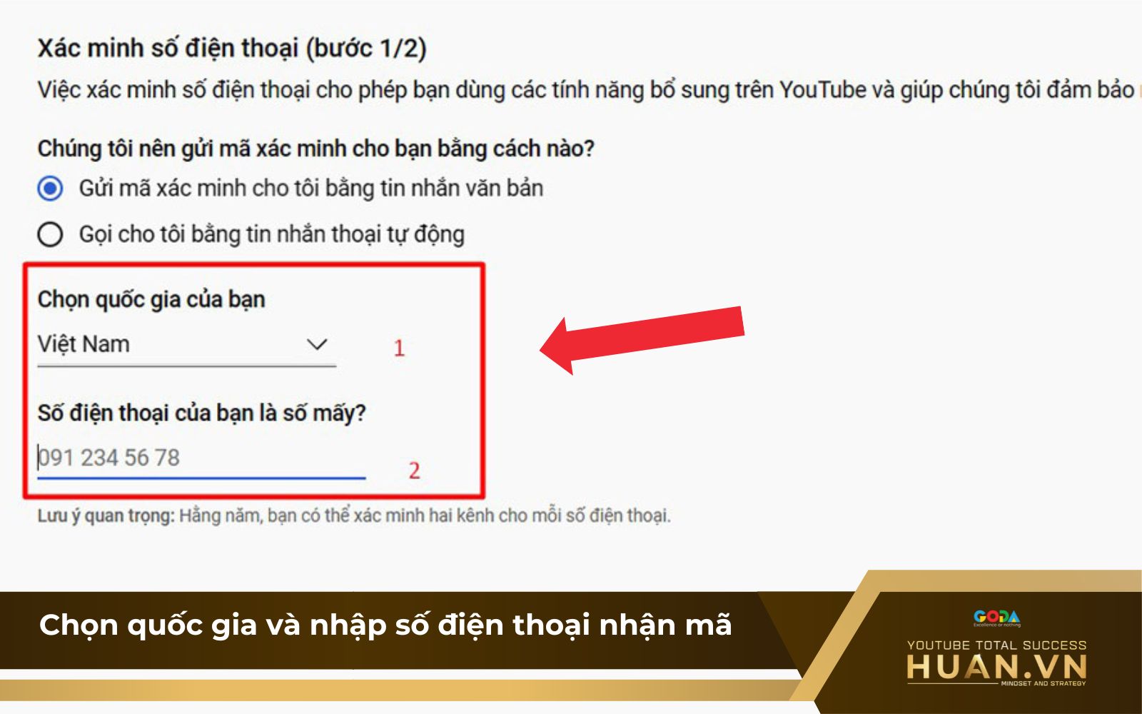 Bước 9 của cách xác minh tài khoản YouTube: Chọn quốc gia và nhập số điện thoại nhận mã