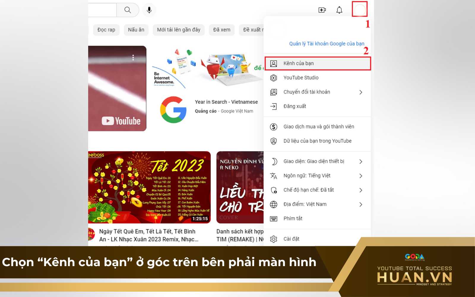 cach-lay-link-youtube-cua-minh-tren-may-tinh-b2-chon-kenh-cua-ban Cách lấy link YouTube ngắn của mình trên máy tính - B2: Chọn “Kênh của bạn” ở góc trên bên phải màn hình