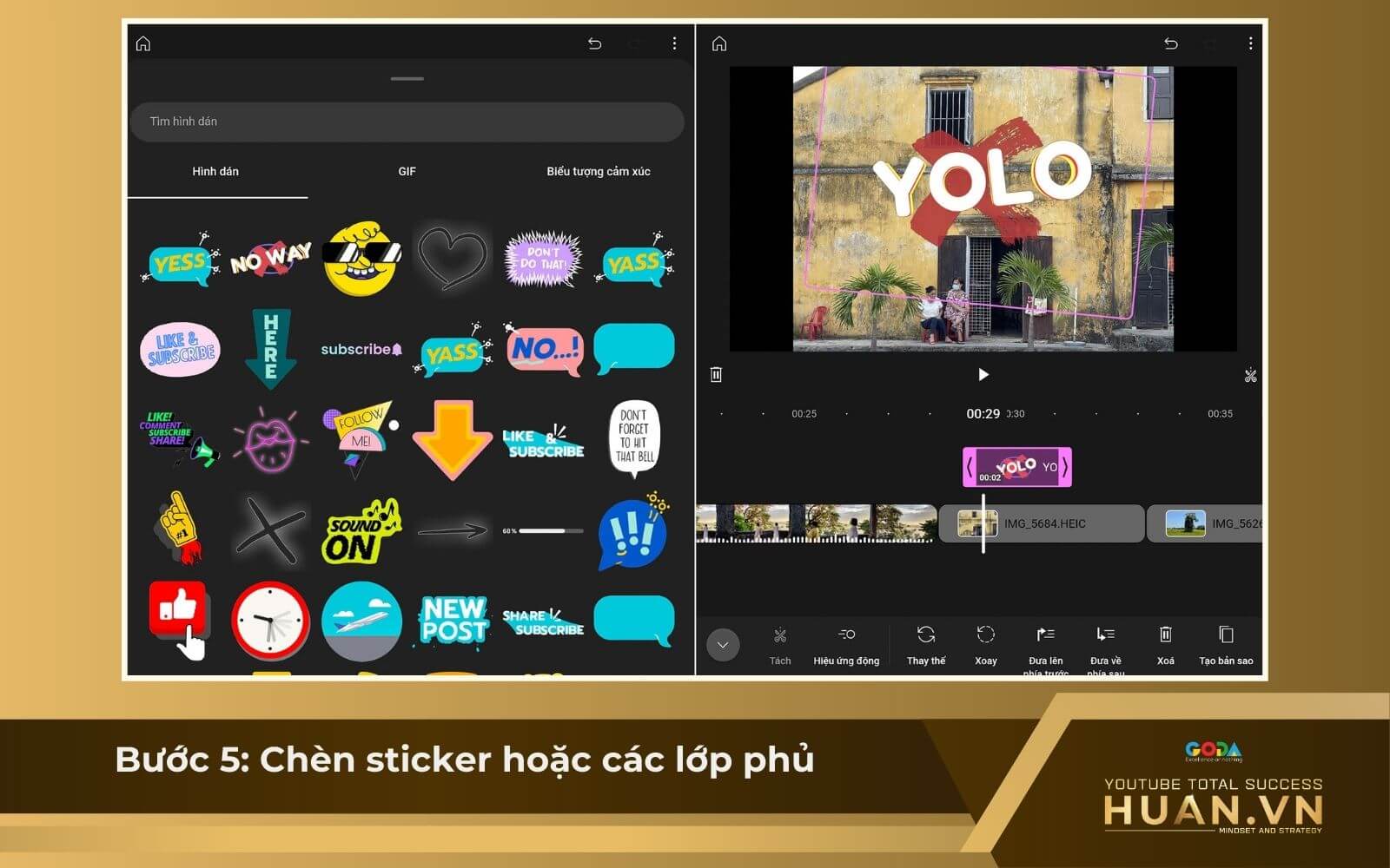 Cách sử dụng YouTube Create - B5: Chèn sticker hoặc các lớp phủ khác