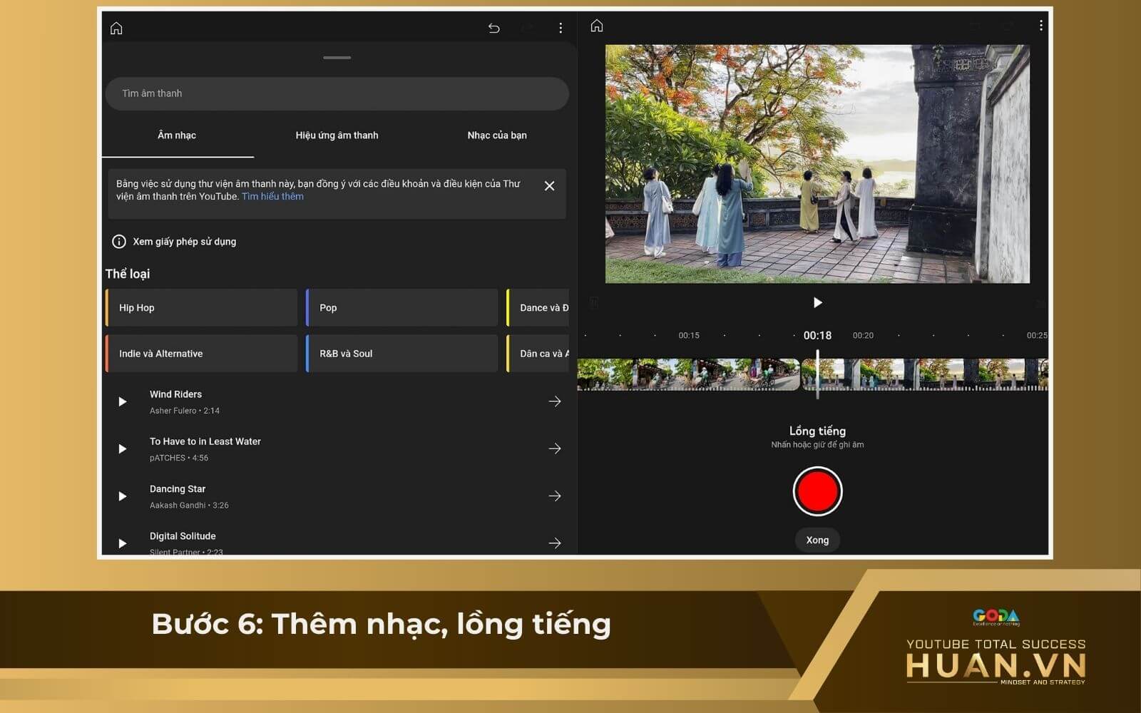 Cách sử dụng tính năng Create của YouTube - B6: Thêm nhạc, lồng tiếng hoặc chèn hiệu ứng âm thanh
