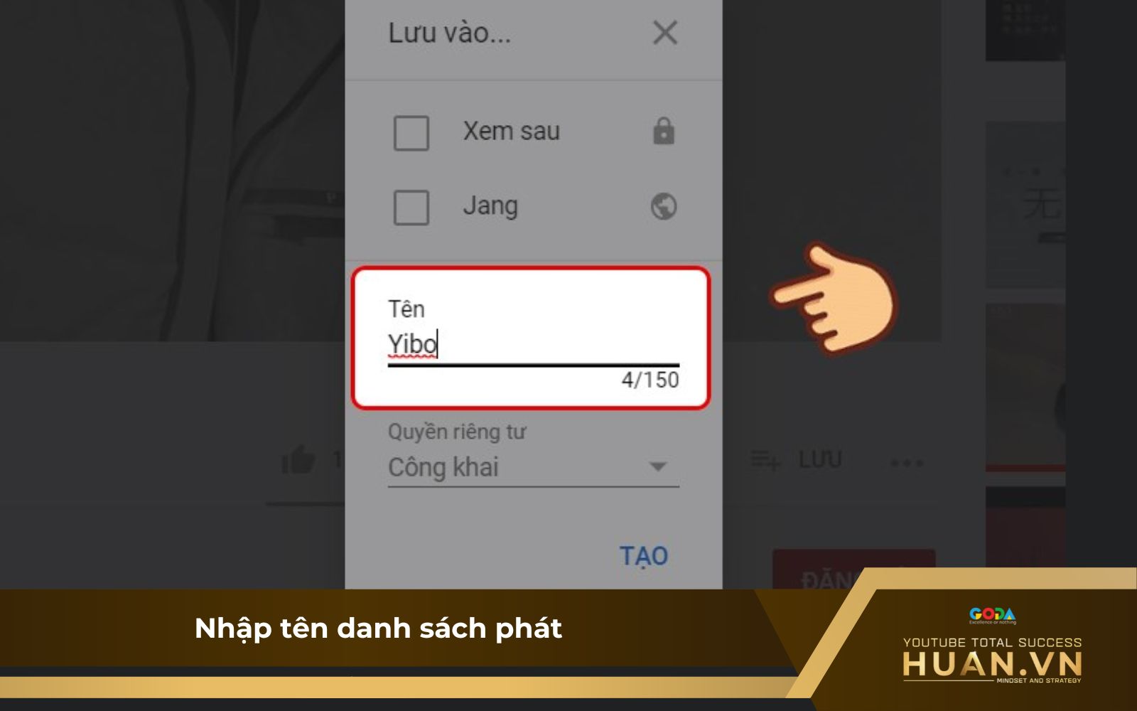 Cách để tạo danh sách phát trên YouTube trên máy tính - B3: Tạo tên cho danh sách phát