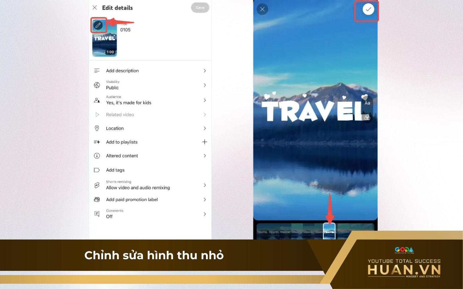 Hướng dẫn thêm thumbnail Shorts YouTube - B2: Nhấn biểu tượng bút chì để thực hiện chỉnh sửa