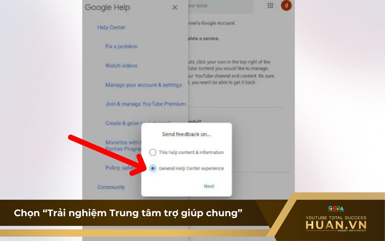 Cách xóa YouTube Shadowban - B2: Chọn mục “Trải nghiệm Trung tâm trợ giúp chung”
