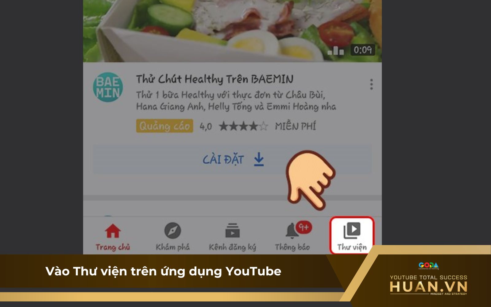 Cách xóa playlist trên điện thoại - B1:  Vào thẻ “Thư viện” trong YouTube