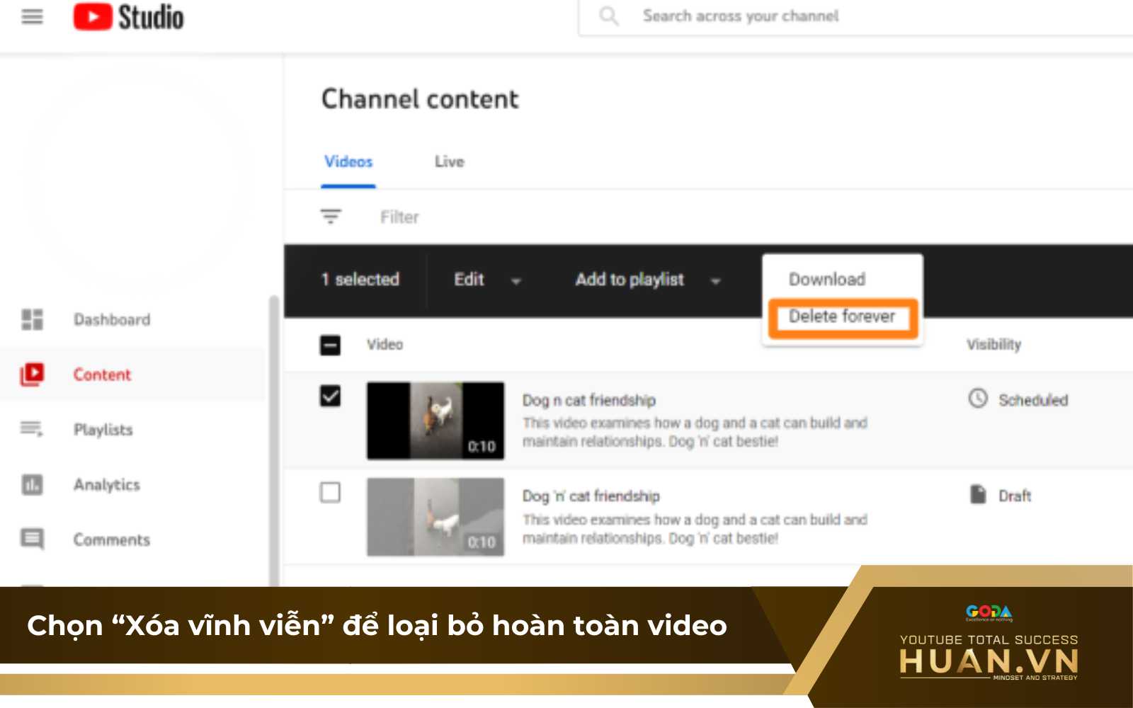 Chọn xóa vĩnh viễn để xóa hoàn toàn video YouTube