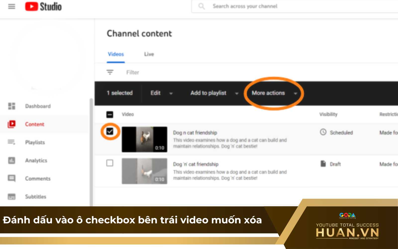 Cách xóa video YouTube đã lên lịch xuất bản - Bước 2: Đánh dấu vào ô checkbox bên trái video bạn muốn xóa