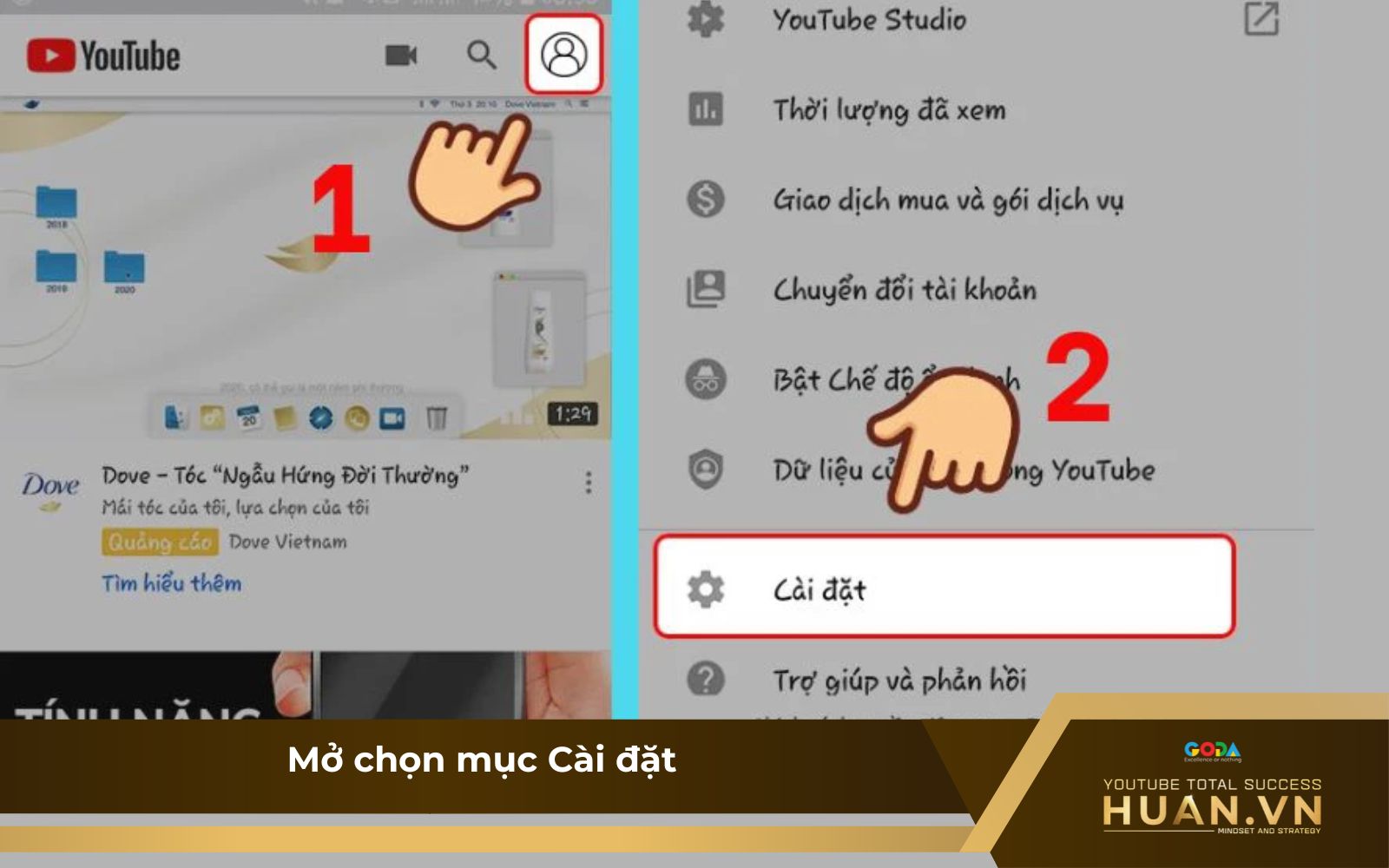 Mở chọn mục cài đặt để thực hiện cách chuyển hướng YouTube sang nước ngoài