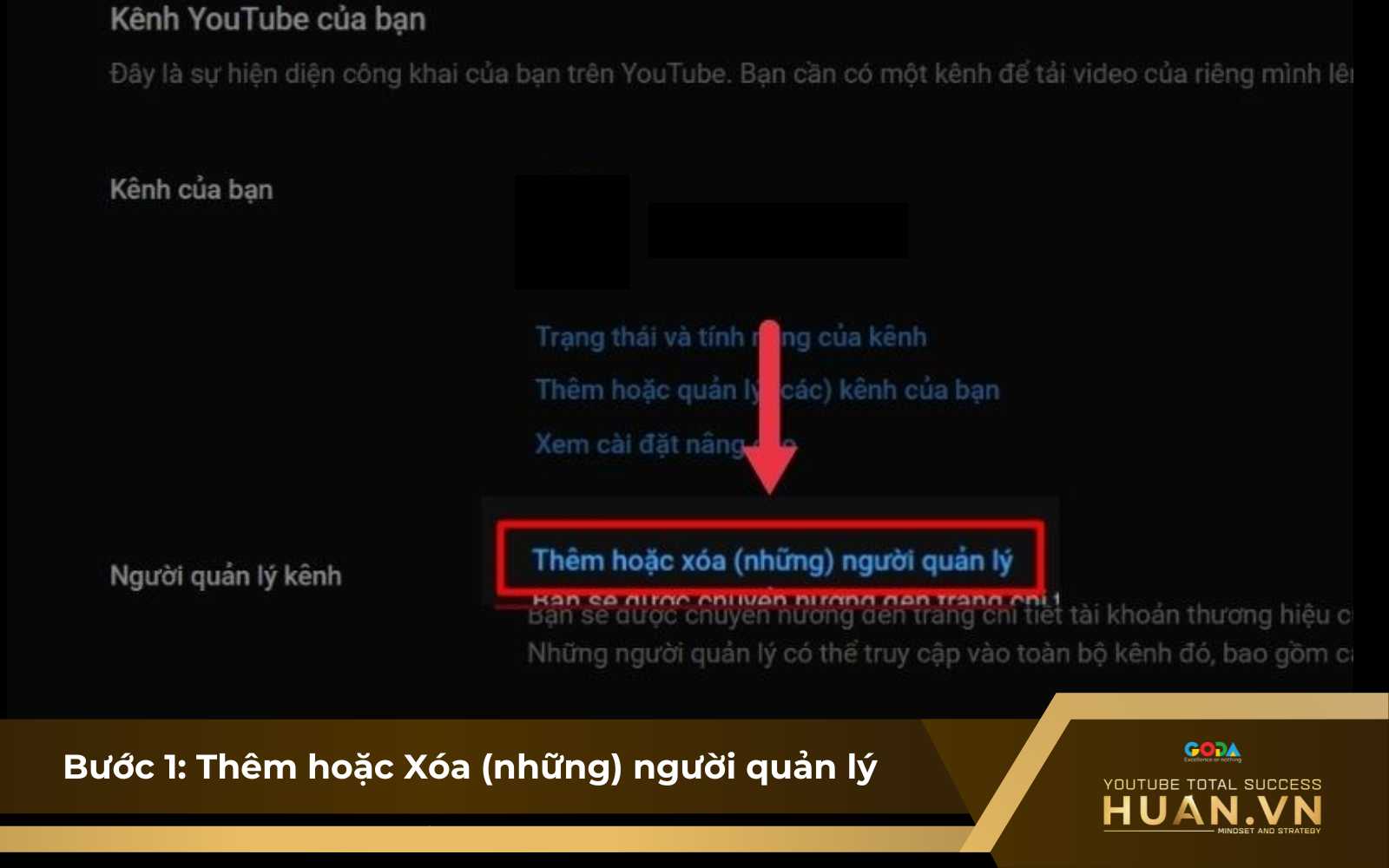 Chuyển quyền chủ sở hữu sau khi thực hiện cách chuyển kênh YouTube sang Gmail khác - B1: Nhấn chọn Thêm hoặc Xóa (những) người quản lý