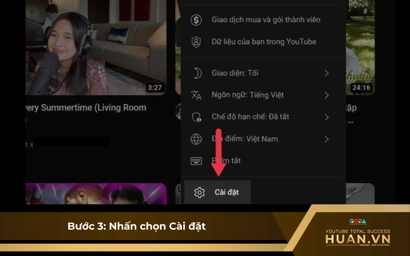 Di chuyển kênh YouTube sang gmail khác - B3: Nhấn chọn Cài đặt