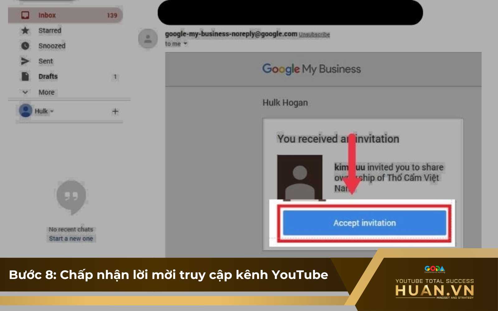 Cách chuyển đổi kênh YouTube sang Gmail khác - B8: Chấp nhận lời mời truy cập kênh YouTube