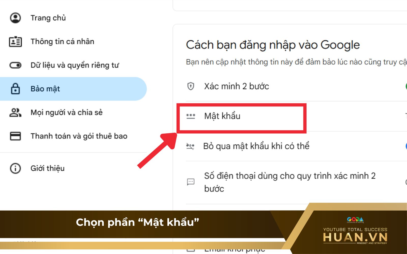 doi-mat-khau-youtube-may-tinh-b3-mat-khau B3 của cách đổi mk YouTube trên máy tính: Chọn phần “Mật khẩu” trong tab “Bảo mật”