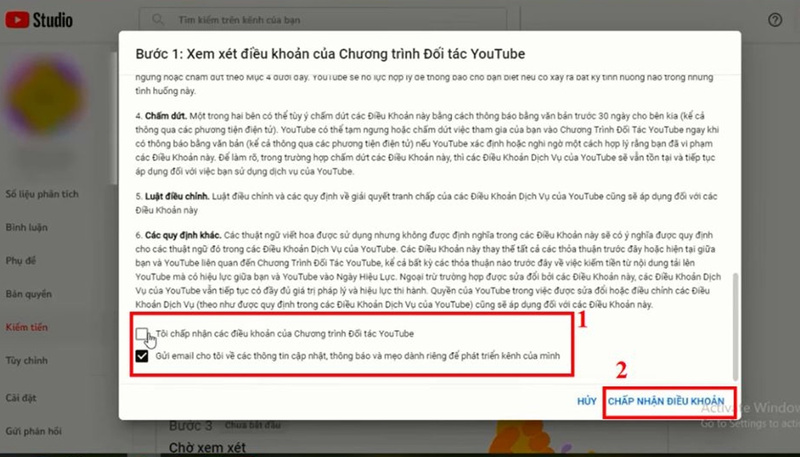 Chấp nhận các điều khoản từ Youtube