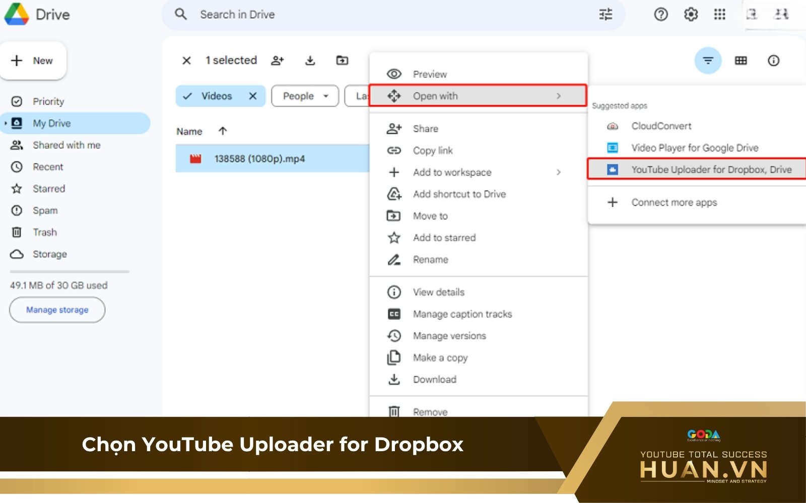 Dùng Chrome để tải video từ Drive lên YouTube - B2: Chọn YouTube Uploader for Dropbox