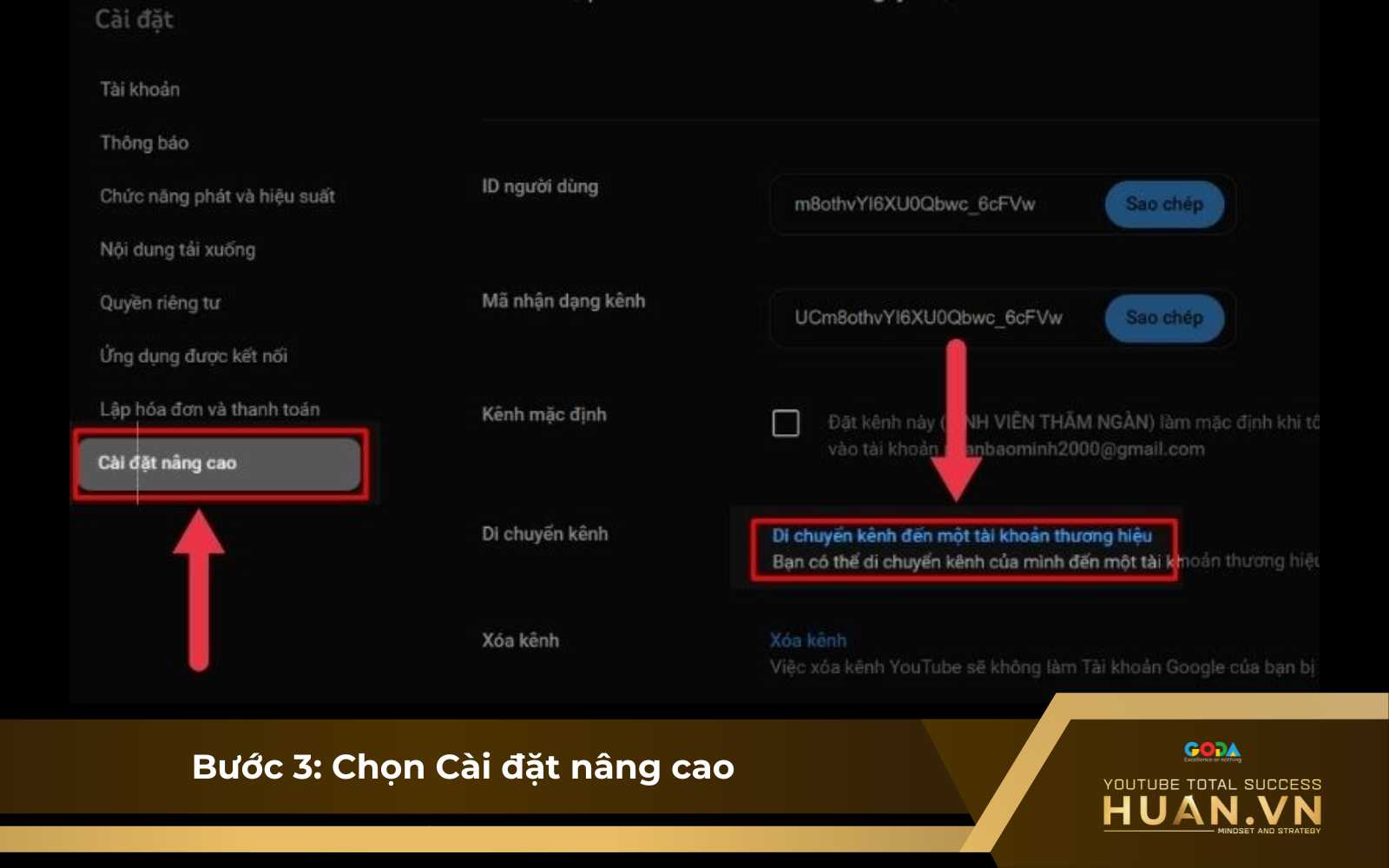 Kết nối kênh YouTube với kênh thương hiệu - B3: Chọn Cài đặt nâng cao và Di chuyển kênh