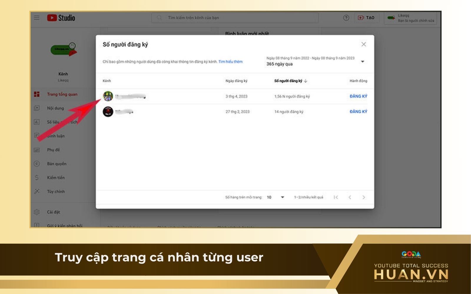 Cách kiểm tra ai hủy sub - B3: Truy cập trang cá nhân từng user