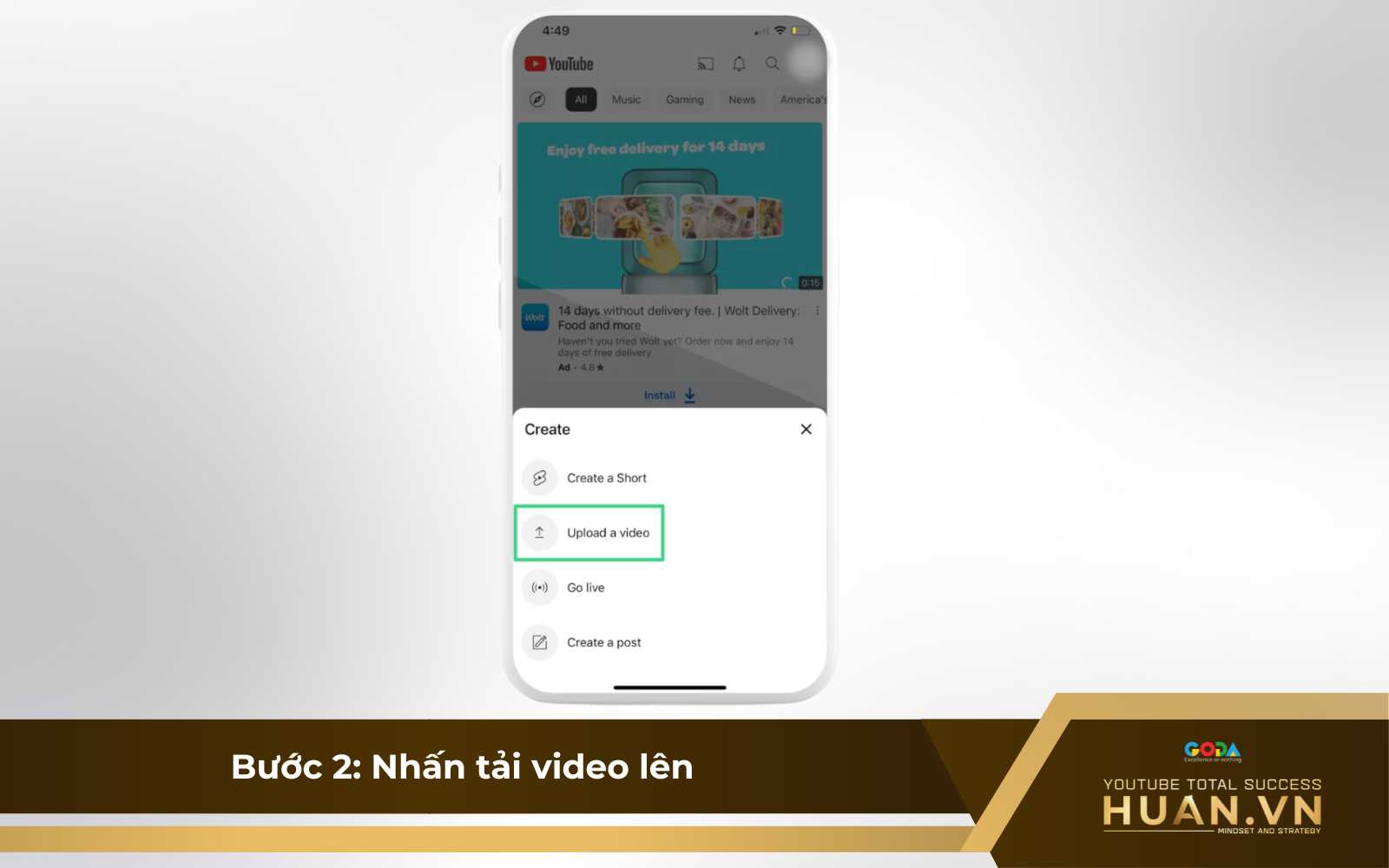 Bước 2 của cách lên lịch phát video: Chọn Tải video lên và chọn tệp từ thư viện