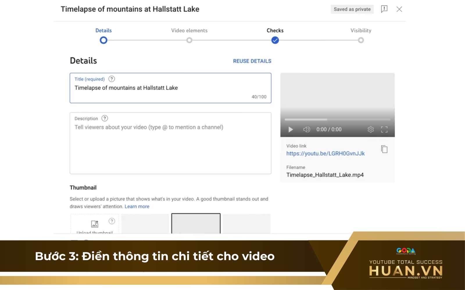 Bước 3 của cách lên lịch đăng video YouTube: Điền thông tin chi tiết cho video