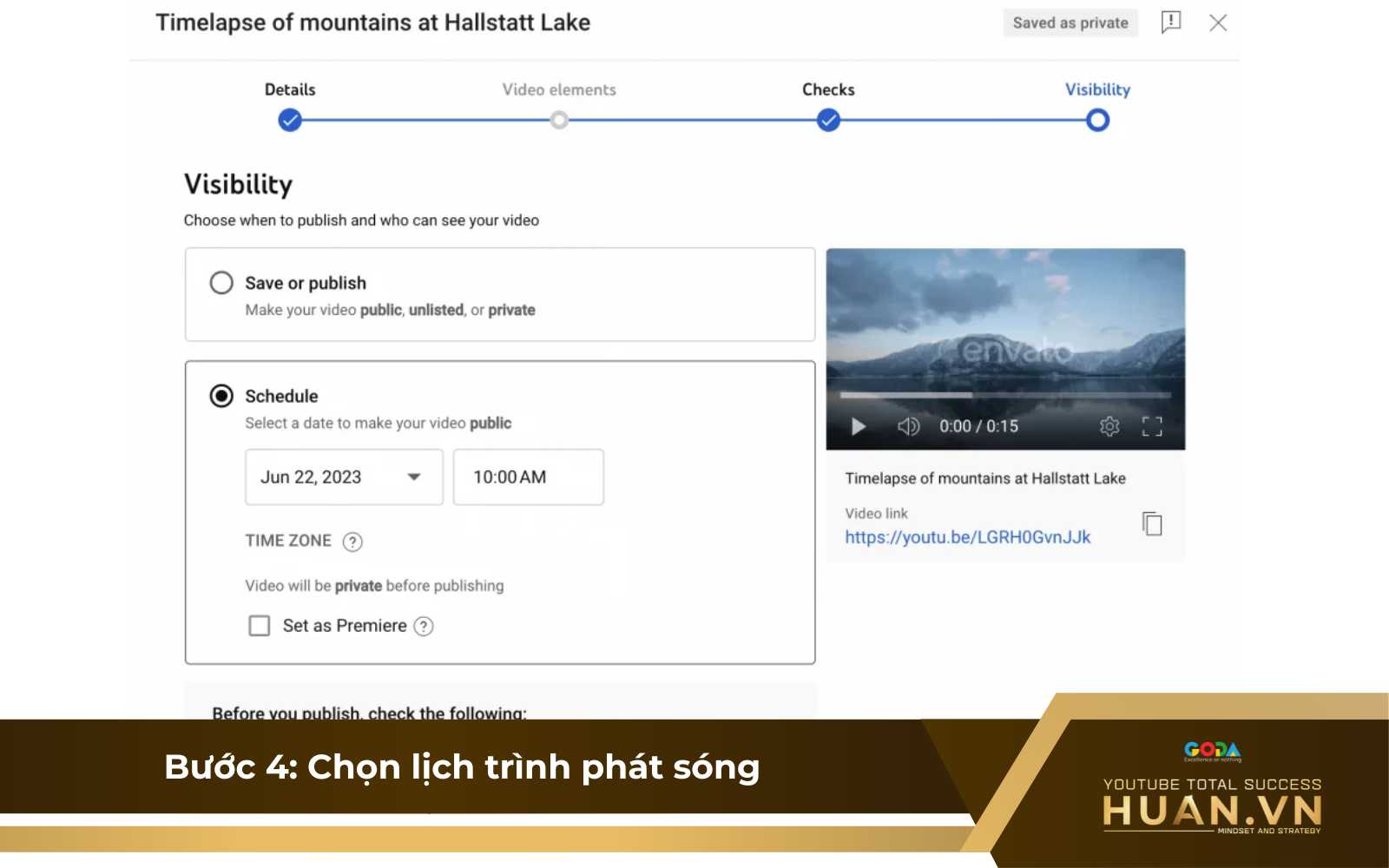 Bước 4: Lên lịch phát video YouTube gốc trên máy tính để xuất bản video