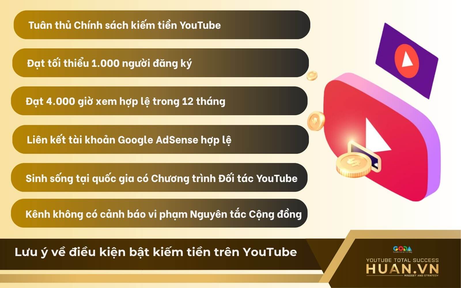 Lưu ý về điều kiện áp dụng cách bật tính năng kiếm tiền trên YouTube
