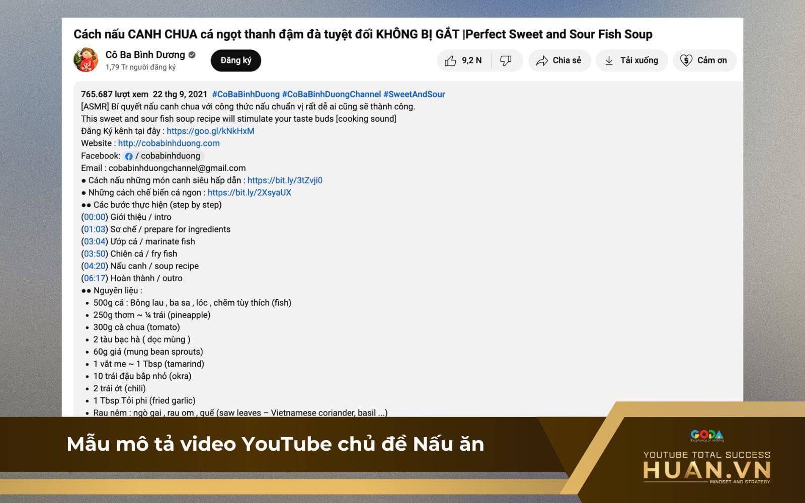 Mẫu mô tả kênh YouTube chủ đề Nấu ăn