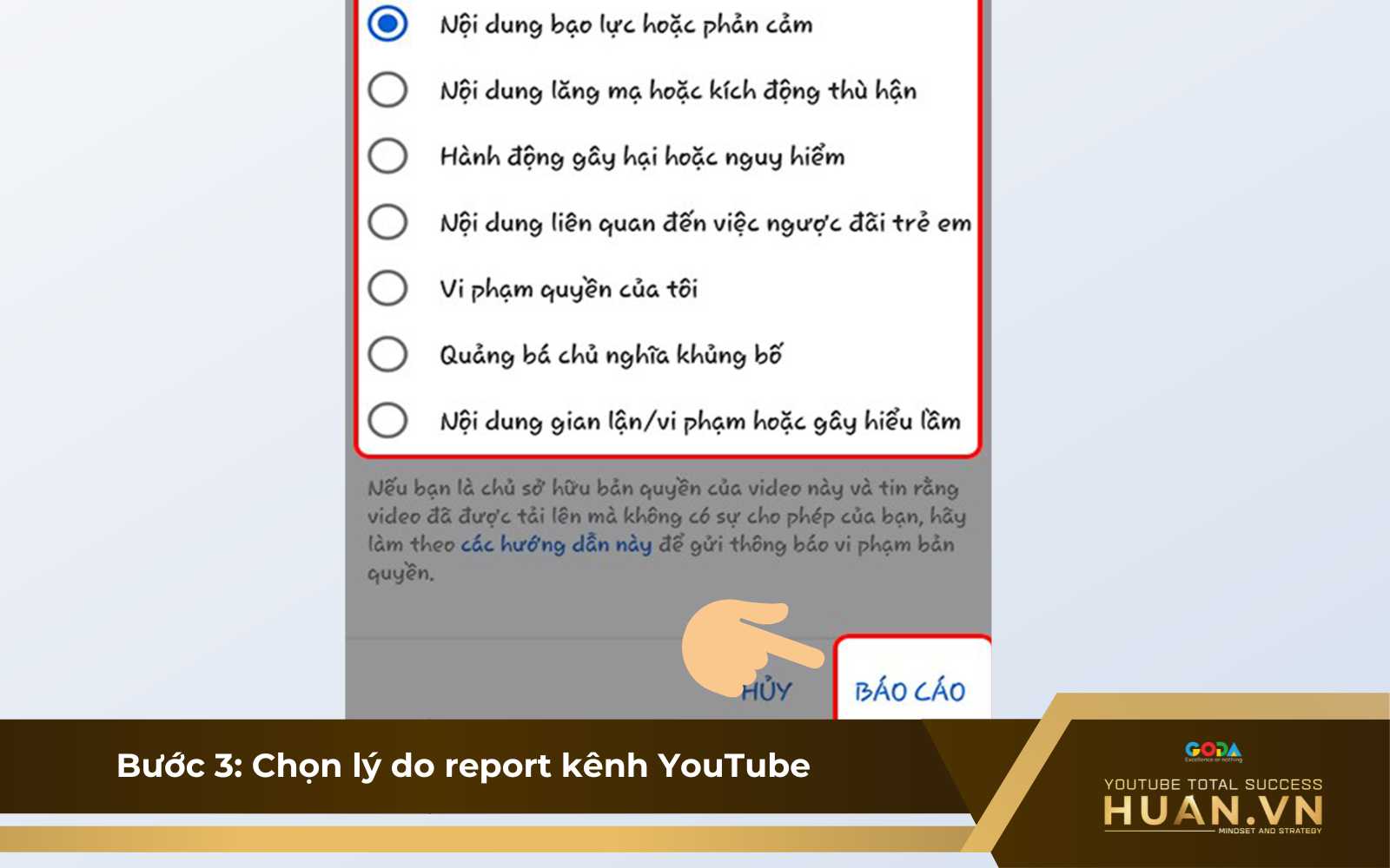 report-kenh-youtube-bang-dien-thoai-b3-chon-ly-do-report Bước 3 của cách report kênh YouTube trên điện thoại: Chọn lý do report kênh YouTube