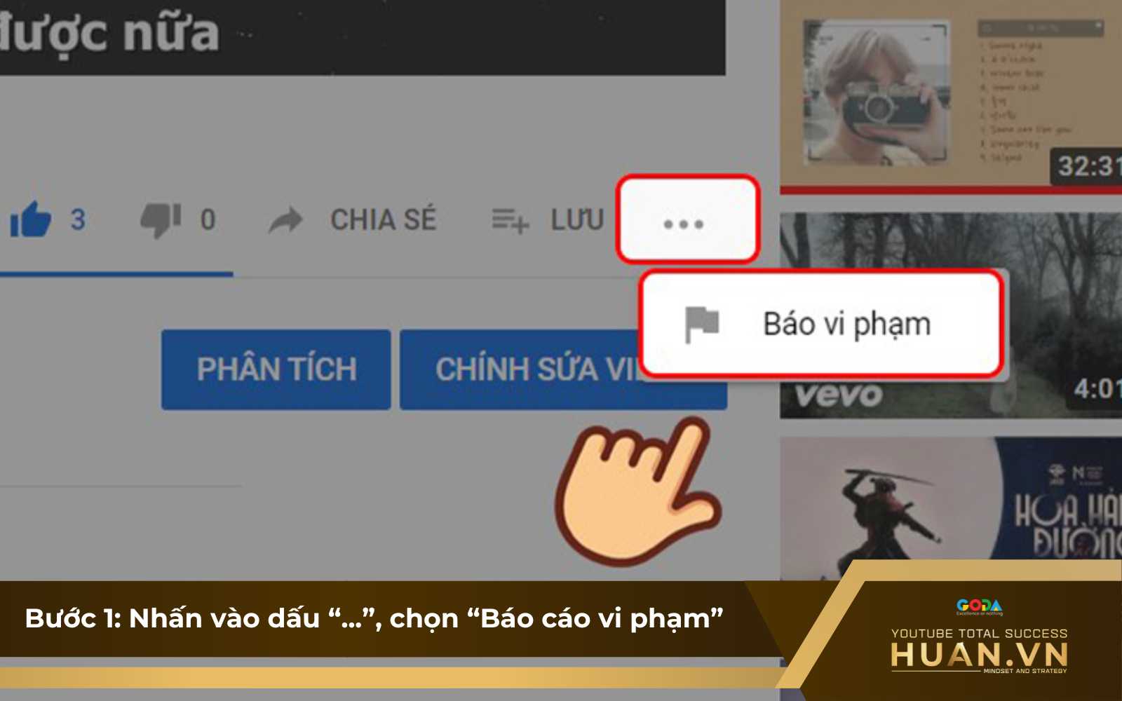 report-kenh-youtube-bang-may-tinh-b1-chon-bao-cao-vi-pham Bước 1 của cách report kênh YouTube trên máy tính: Nhấn vào biểu tượng dấu ba chấm (⋮) và chọn “Báo cáo vi phạm”